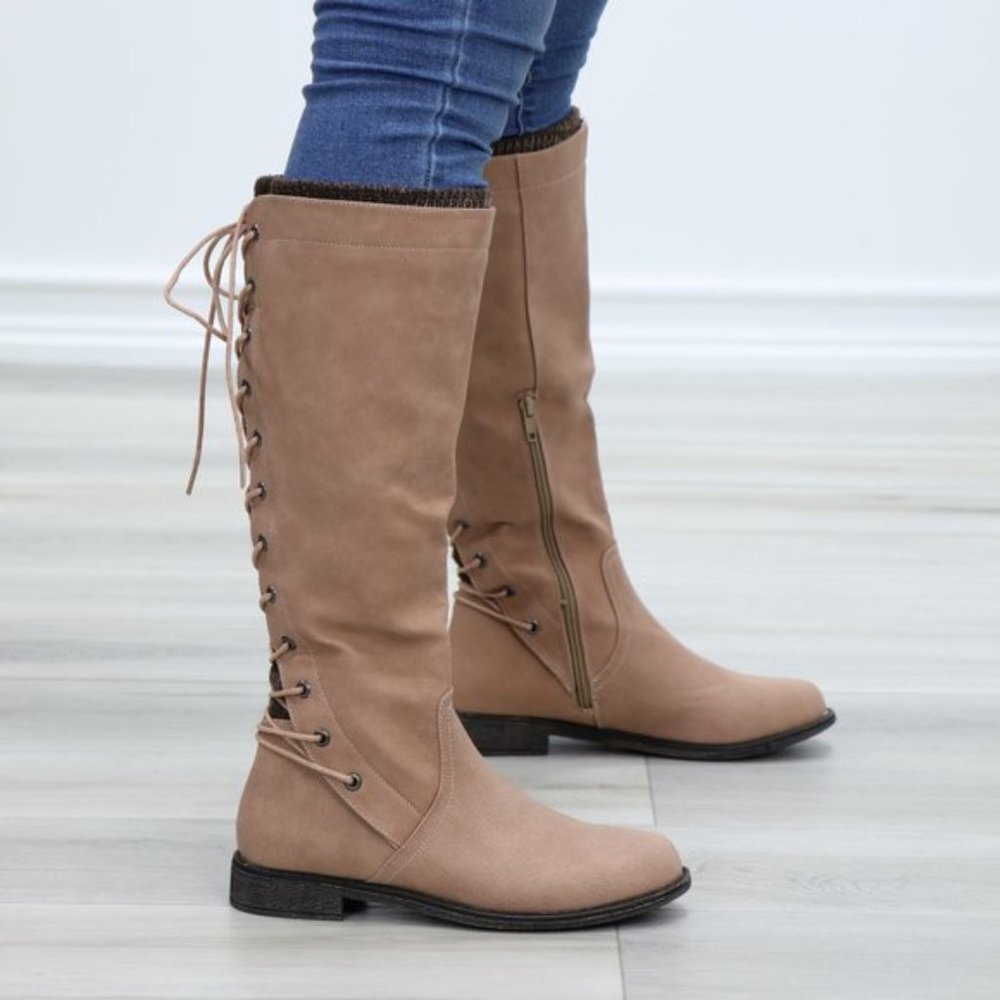 Taupe Warm Winter Mid Calf Lace Back Boots - Picture 10 of 15